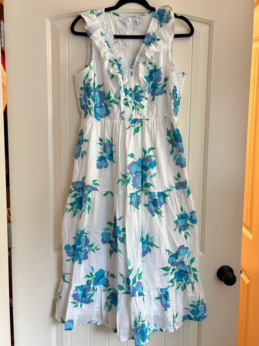 J. Crew White Midi Dress with Blue & Green Floral Print, Size 6